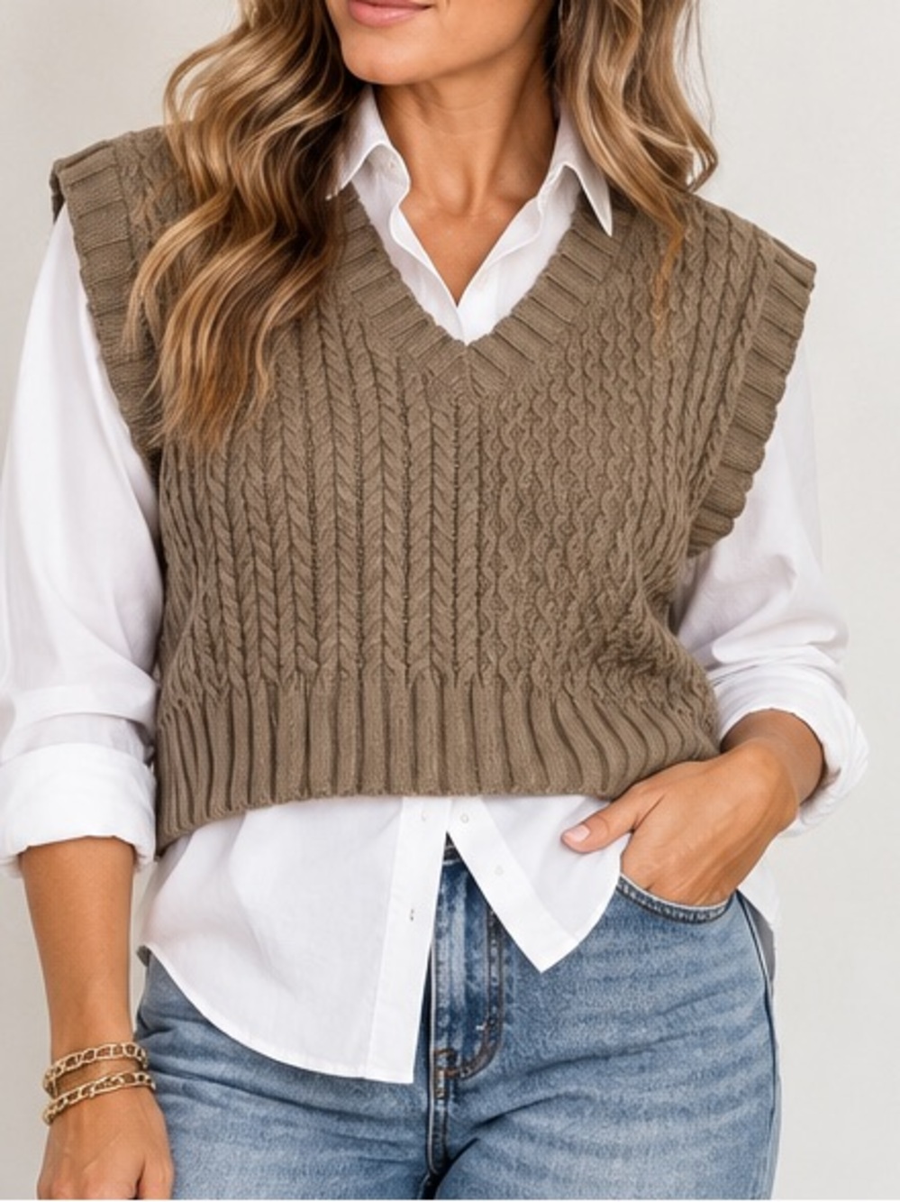 Altar’d State Cable Knit Sweater Vest V Neck Cropped Taupe Boho Size L